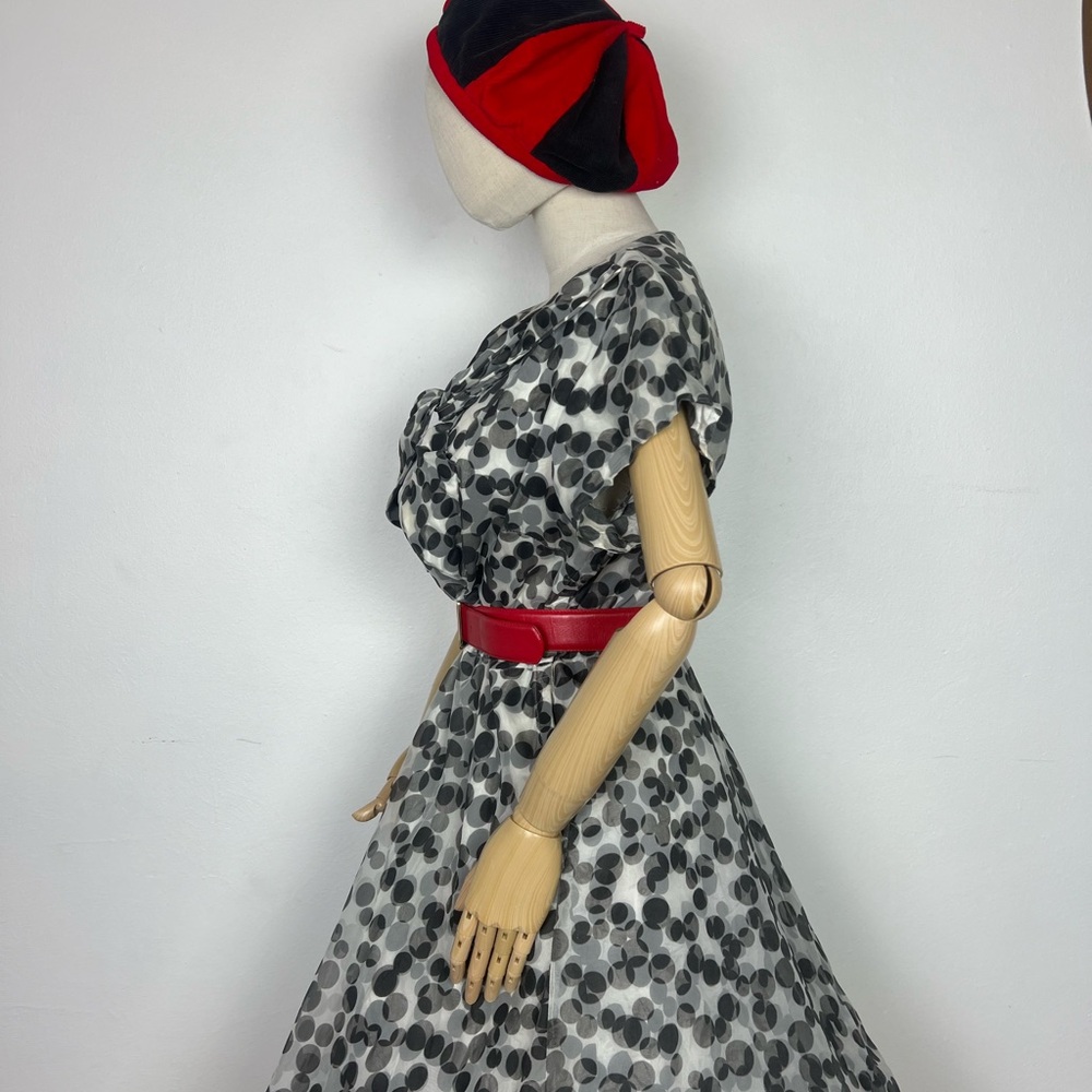1950’s Vintage BLACK & WHITE Polkadot Polka Dot Chiffon Overlay Party Dress L XL - Picture 8 of 16